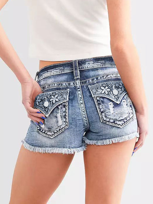 Womens Mid-High Rise Ripped Jean Shorts Distressed Stretchy Denim Shorts