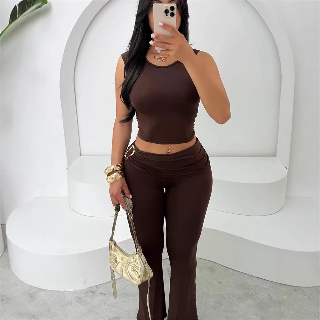 Women's Crop Top Sleeveless Shirt With Tight High-waist Pants Set