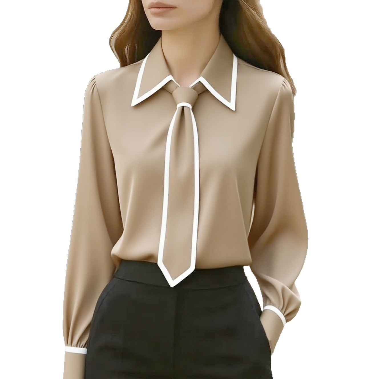 Autumn Fashion Solid Color Commute Tie Design Long Sleeve Shirt Women's Clothing