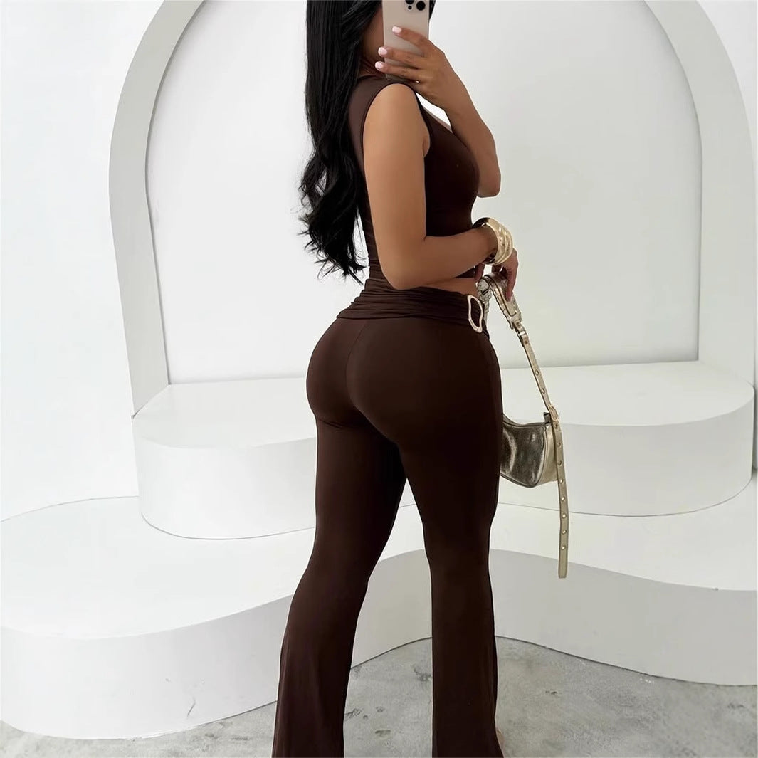 Women's Crop Top Sleeveless Shirt With Tight High-waist Pants Set
