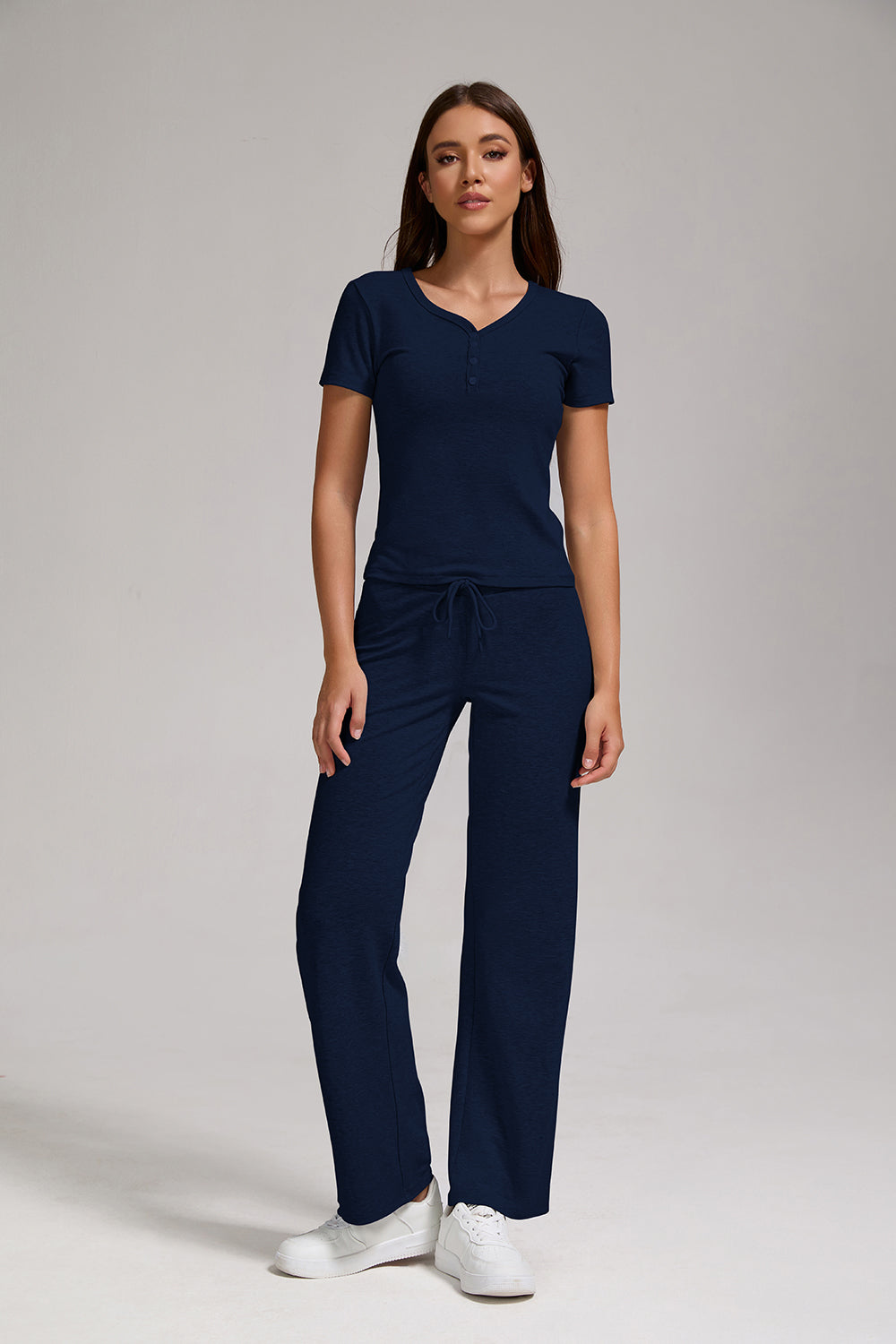 Women's Casual Sports Two-piece Set With V-neck Button, Short Sleeved, Low Waisted Flared Pants, Sportswear