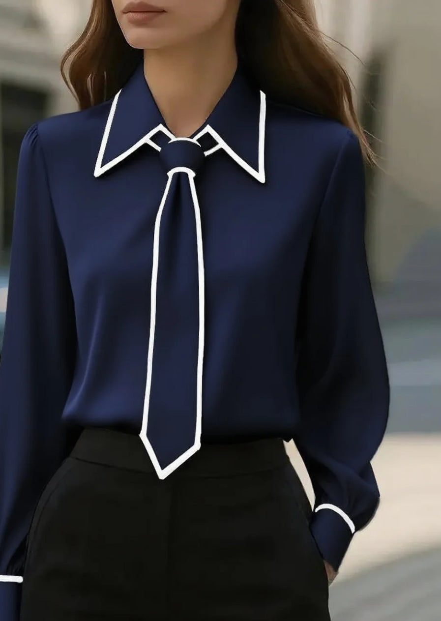 Autumn Fashion Solid Color Commute Tie Design Long Sleeve Shirt Women's Clothing