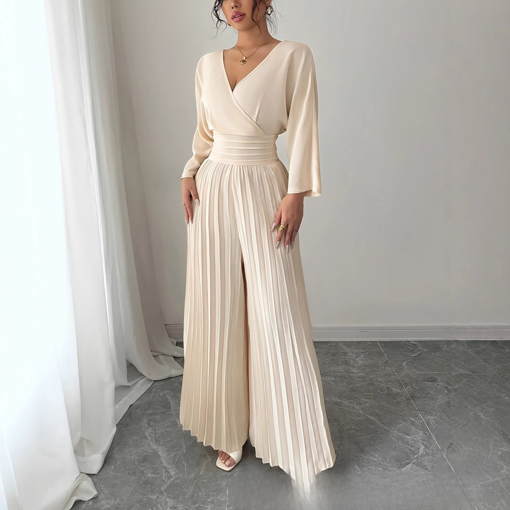 Stylish V-neck High-waist Solid-color Sexy Pleated Jumpsuit