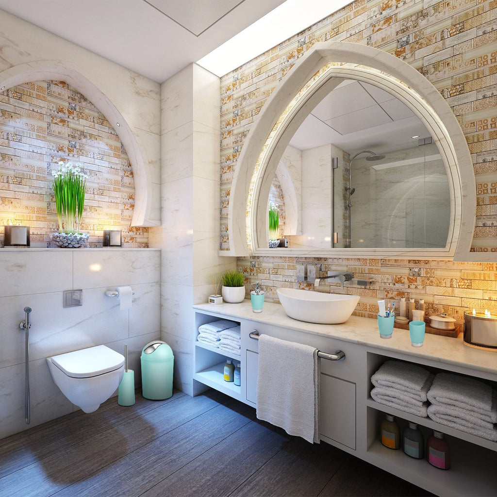 Bathroom Accessories Set 6 Pcs Bathroom Set Ensemble Complete Soap Dispenser Toothbrush Holder Tumbler Soap Dish Toilet Cleaning Brush Trash Can For Valentines Gift Guest Room