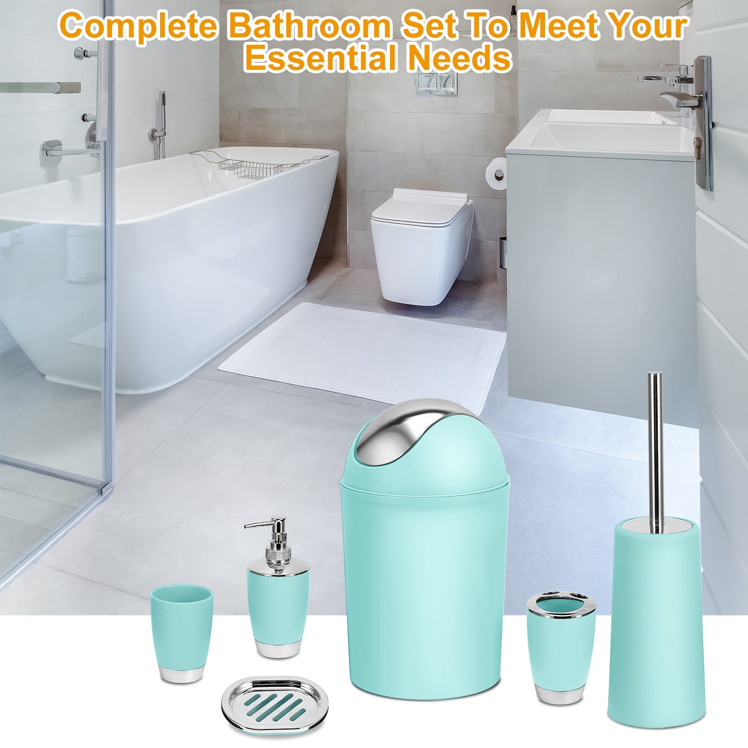 Bathroom Accessories Set 6 Pcs Bathroom Set Ensemble Complete Soap Dispenser Toothbrush Holder Tumbler Soap Dish Toilet Cleaning Brush Trash Can For Valentines Gift Guest Room