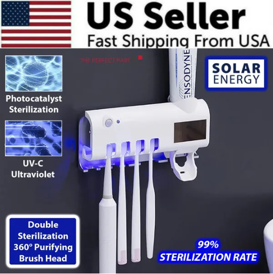 UV Light Sterilizer Toothbrush Holder Cleaner & Automatic Toothpaste Dispenser