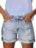 Womens Mid-High Rise Ripped Jean Shorts Distressed Stretchy Denim Shorts