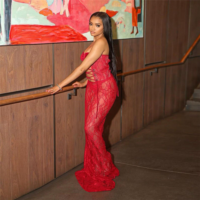 Strapless Lace-up Lace Sheer Paneled Sexy Bodycon Long Dress