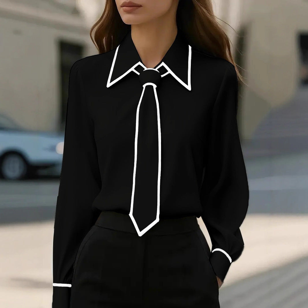 Autumn Fashion Solid Color Commute Tie Design Long Sleeve Shirt Women's Clothing