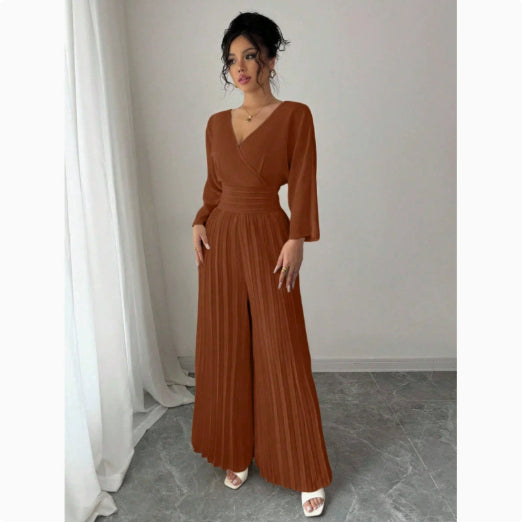 Stylish V-neck High-waist Solid-color Sexy Pleated Jumpsuit