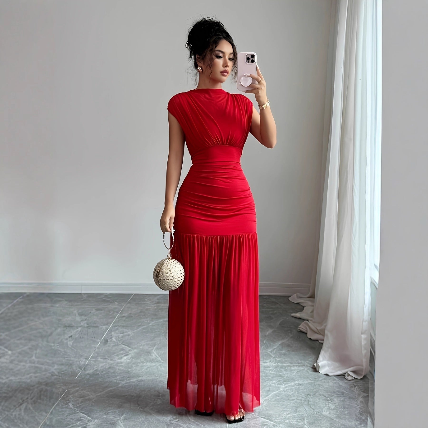 Women's New Arrival Sleeveless Sexy Hollow-out Mesh Pleated Dress