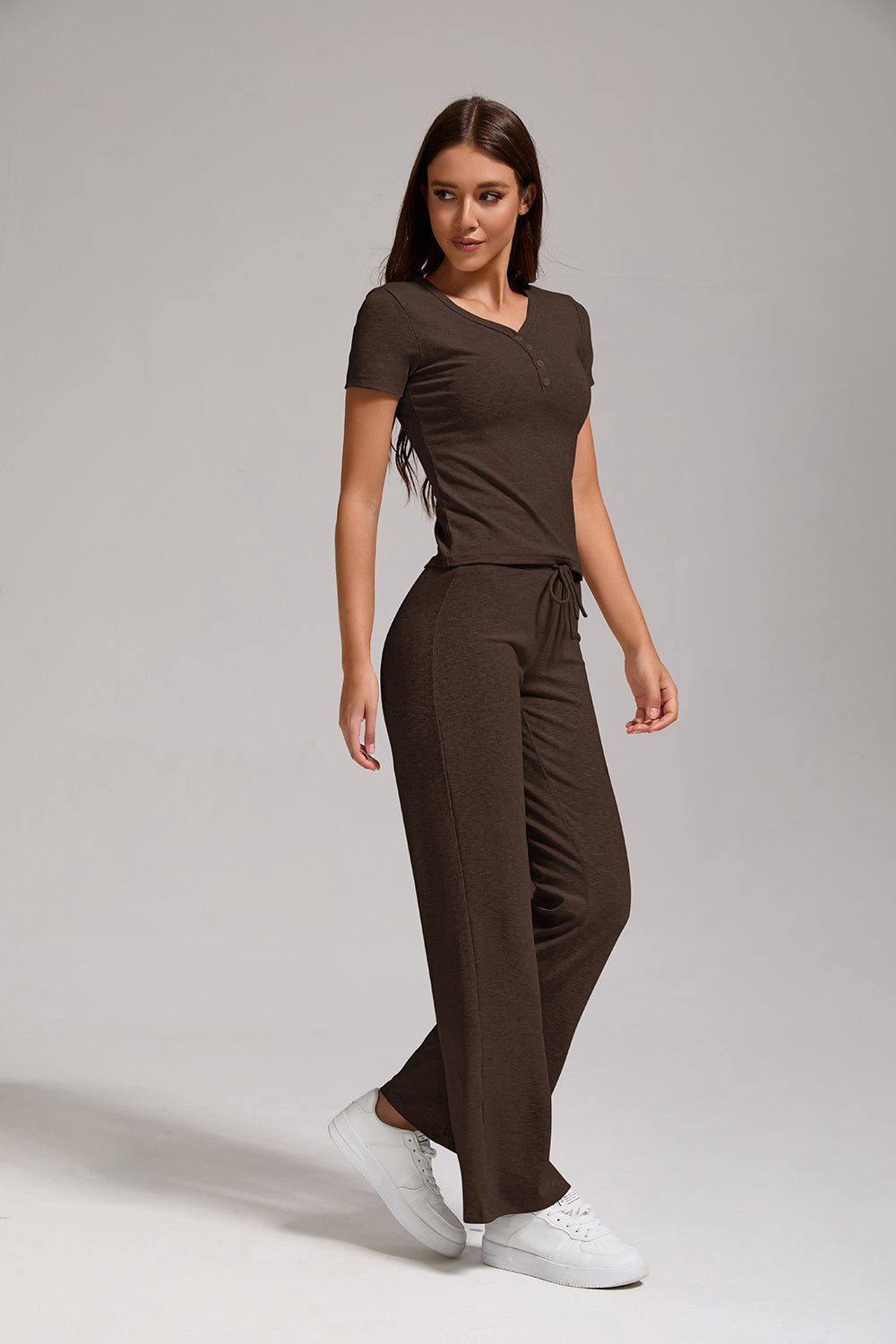 Women's Casual Sports Two-piece Set With V-neck Button, Short Sleeved, Low Waisted Flared Pants, Sportswear