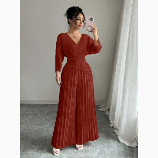 Stylish V-neck High-waist Solid-color Sexy Pleated Jumpsuit