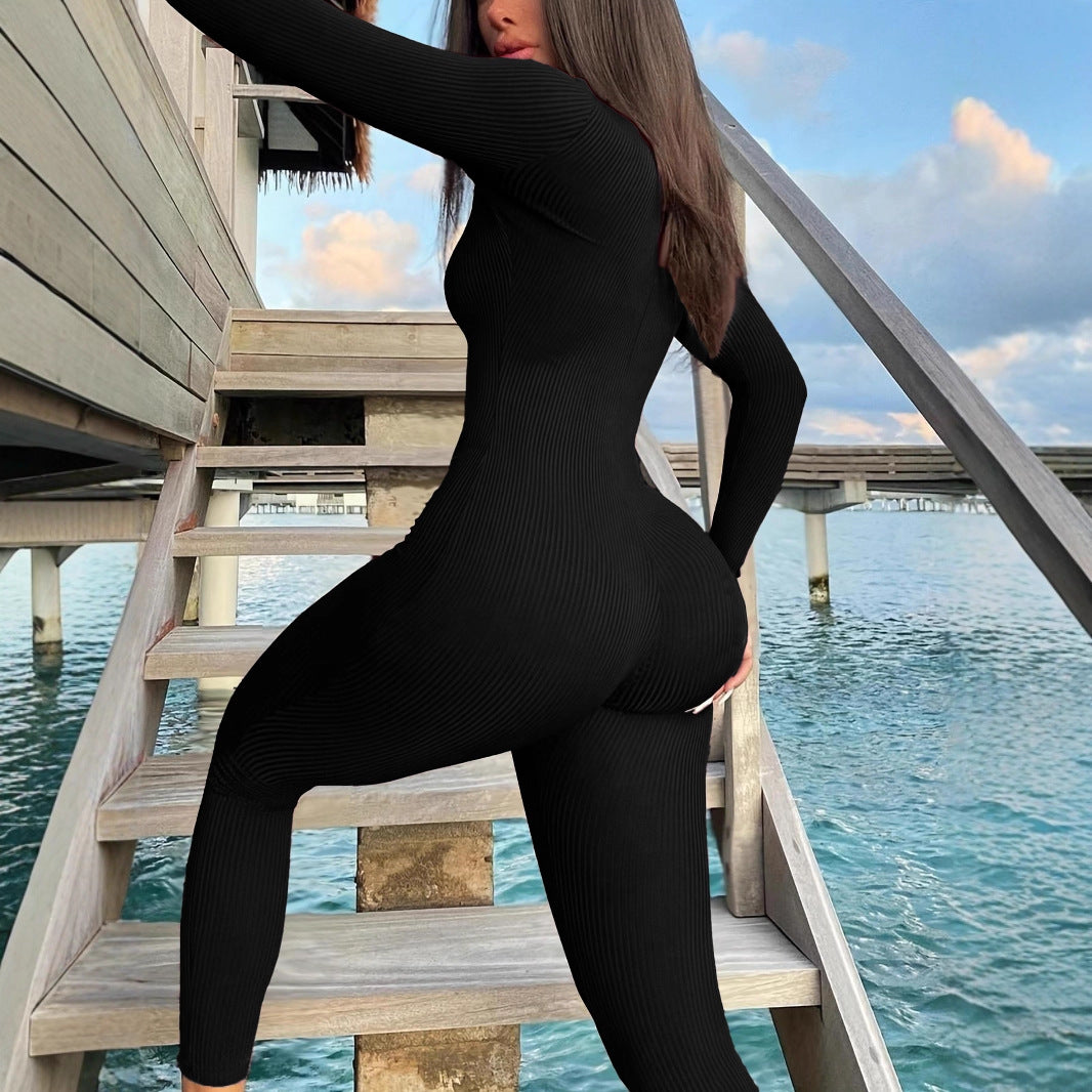 Casual Ribbed Zip-up Jumpsuit Long Sleeves