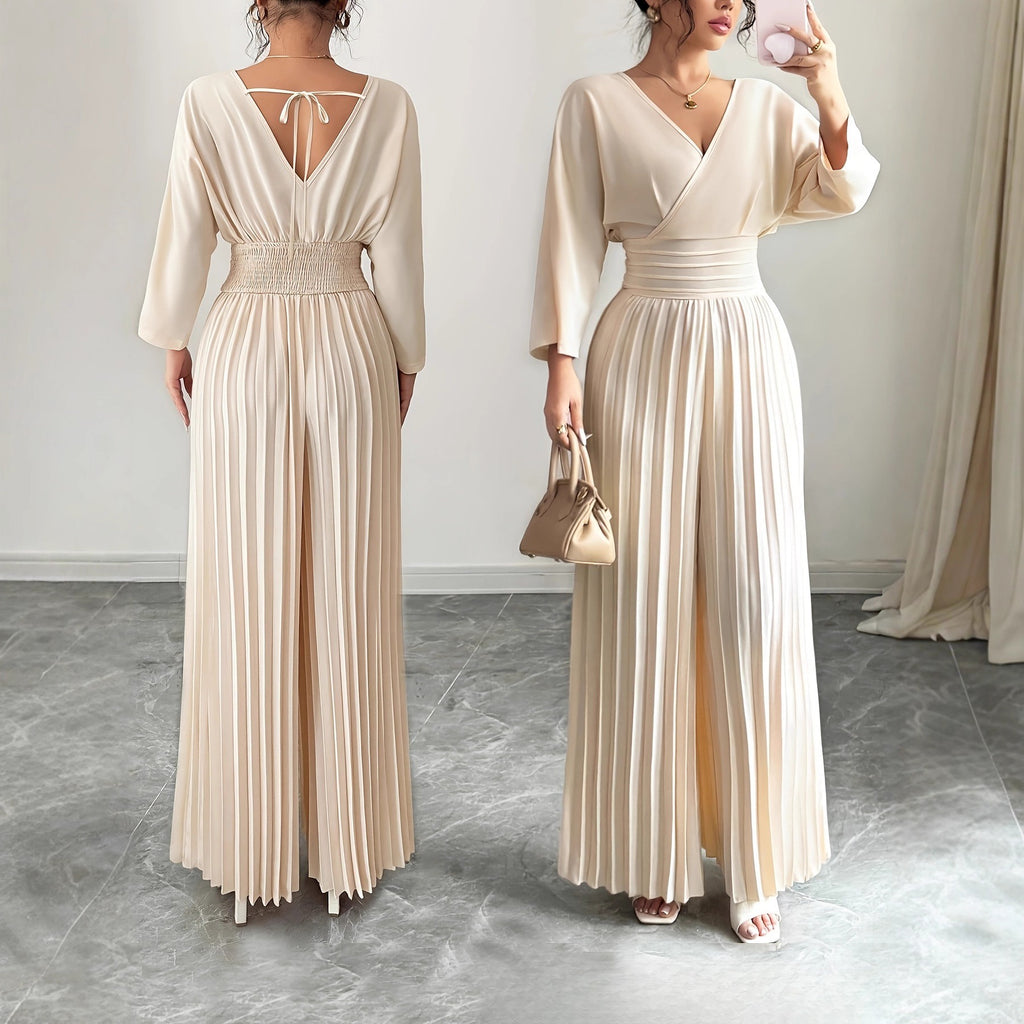 Stylish V-neck High-waist Solid-color Sexy Pleated Jumpsuit
