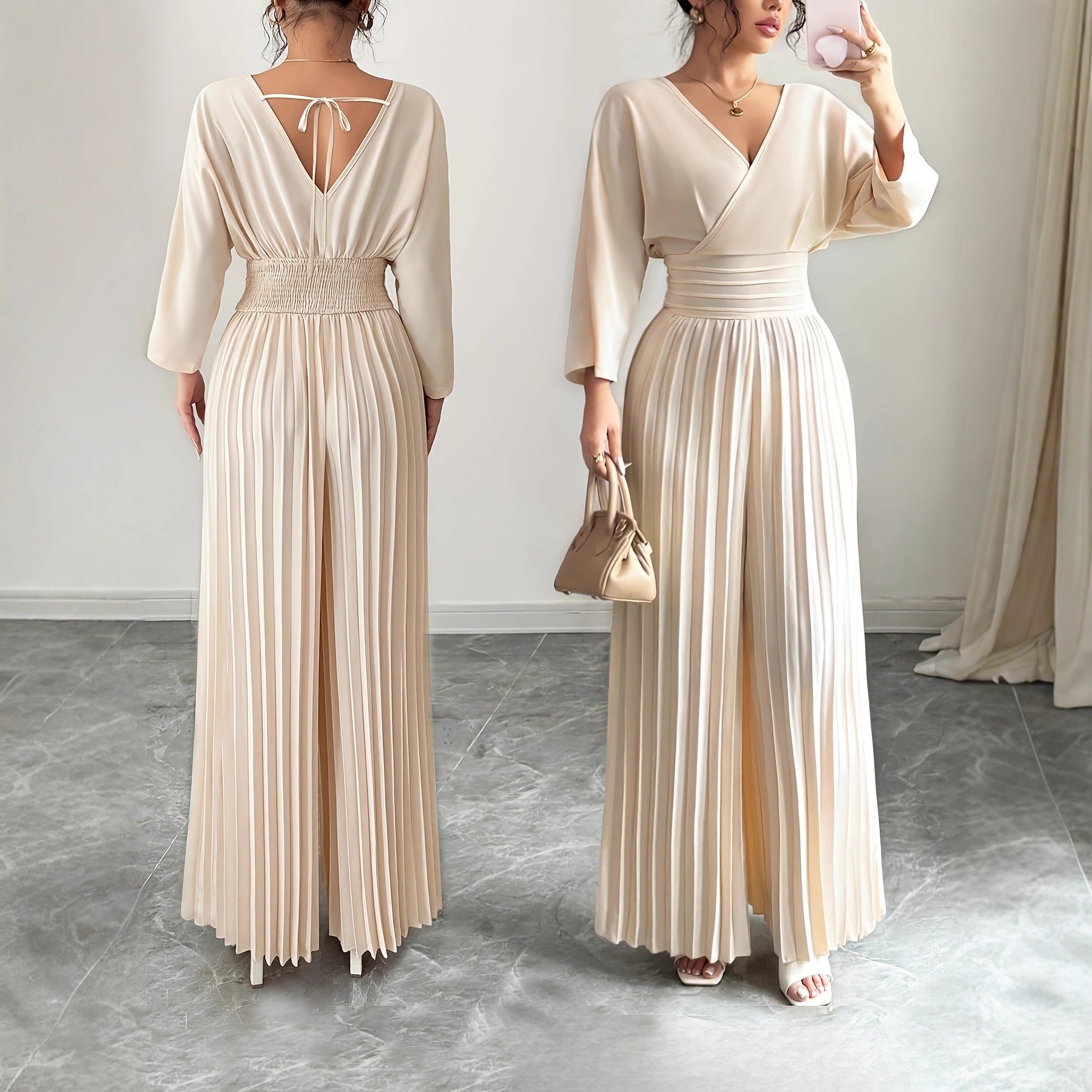 Stylish V-neck High-waist Solid-color Sexy Pleated Jumpsuit