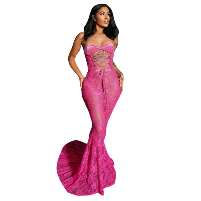 Strapless Lace-up Lace Sheer Paneled Sexy Bodycon Long Dress