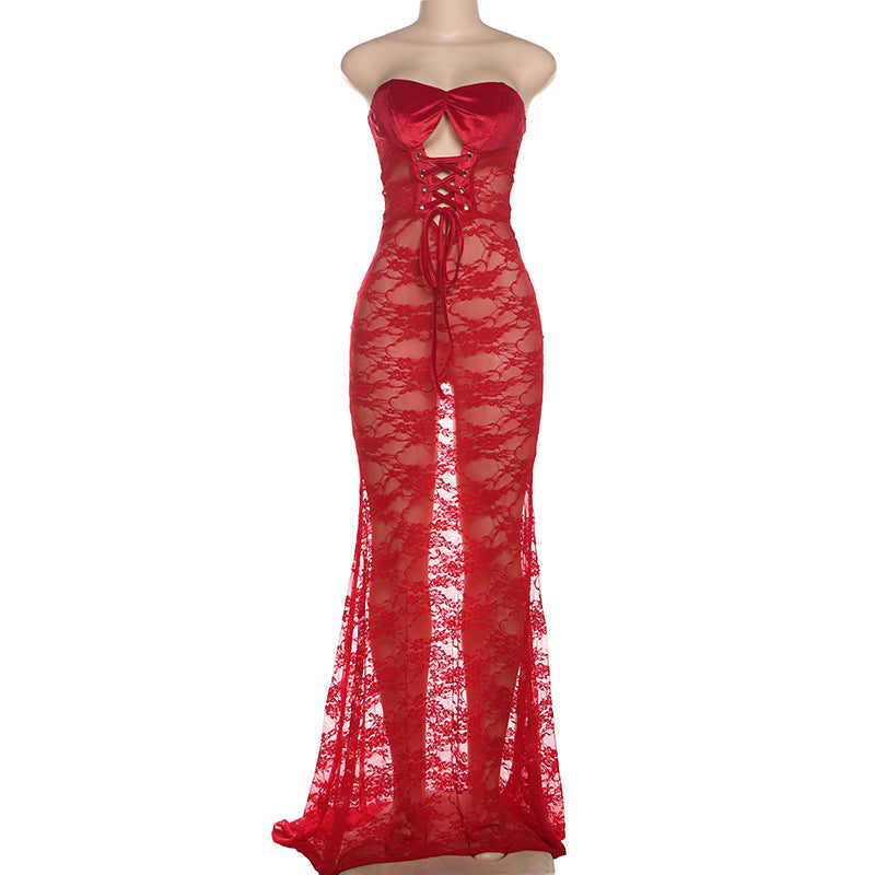 Strapless Lace-up Lace Sheer Paneled Sexy Bodycon Long Dress