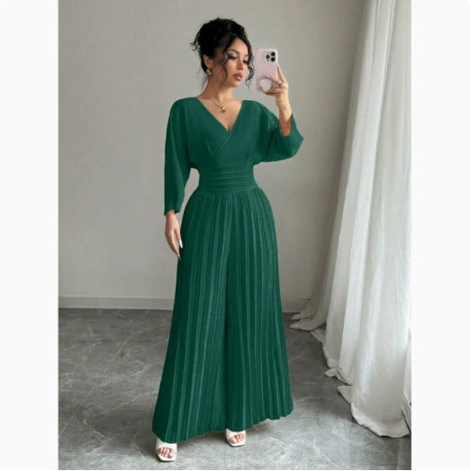 Stylish V-neck High-waist Solid-color Sexy Pleated Jumpsuit