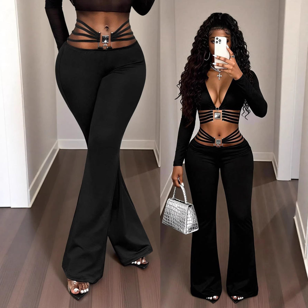 Black High-waist Flared Pants With Tummy-control And Butt-lifting Features