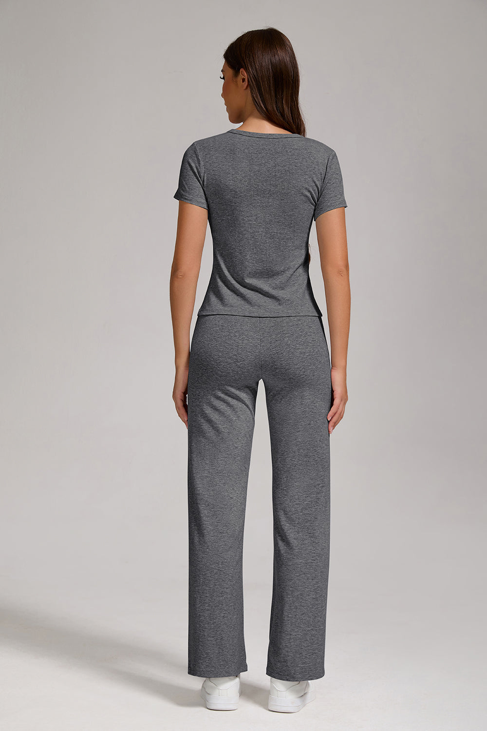 Women's Casual Sports Two-piece Set With V-neck Button, Short Sleeved, Low Waisted Flared Pants, Sportswear