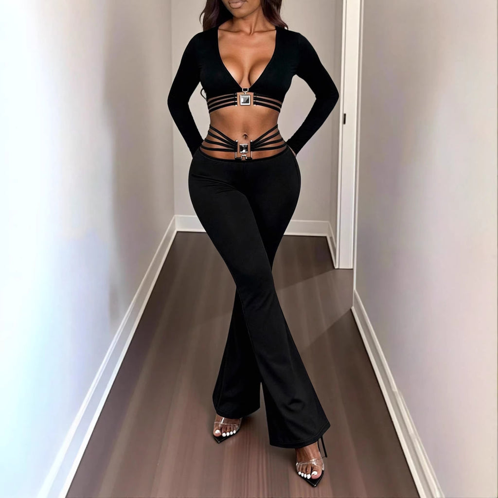 Black High-waist Flared Pants With Tummy-control And Butt-lifting Features