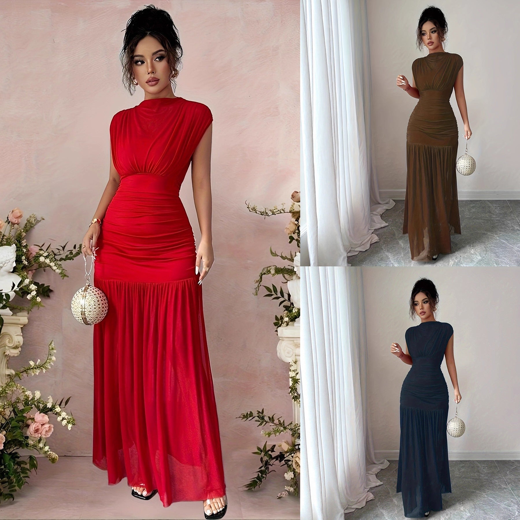 Women's New Arrival Sleeveless Sexy Hollow-out Mesh Pleated Dress