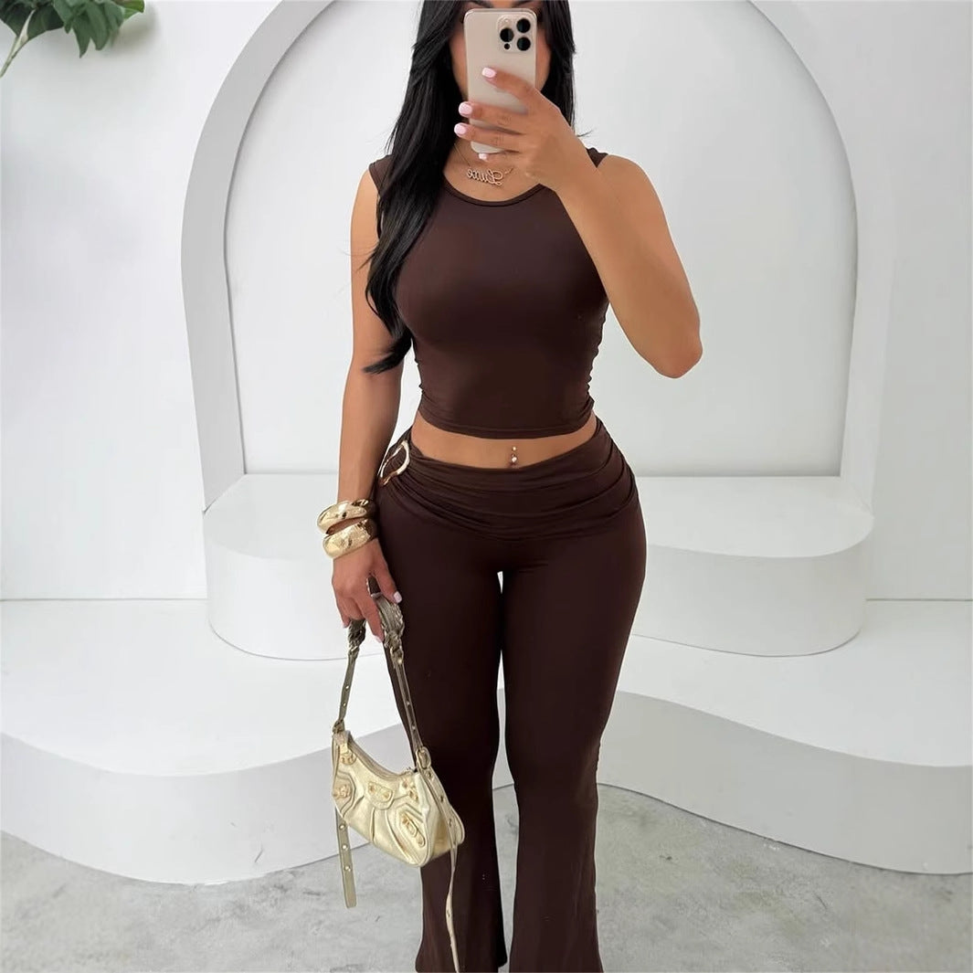 Women's Crop Top Sleeveless Shirt With Tight High-waist Pants Set