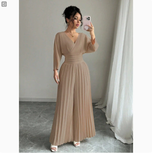 Stylish V-neck High-waist Solid-color Sexy Pleated Jumpsuit