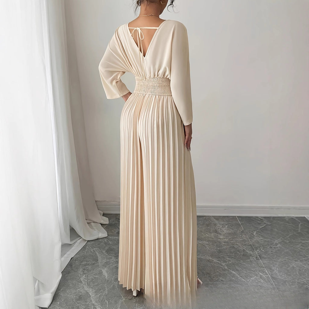 Stylish V-neck High-waist Solid-color Sexy Pleated Jumpsuit