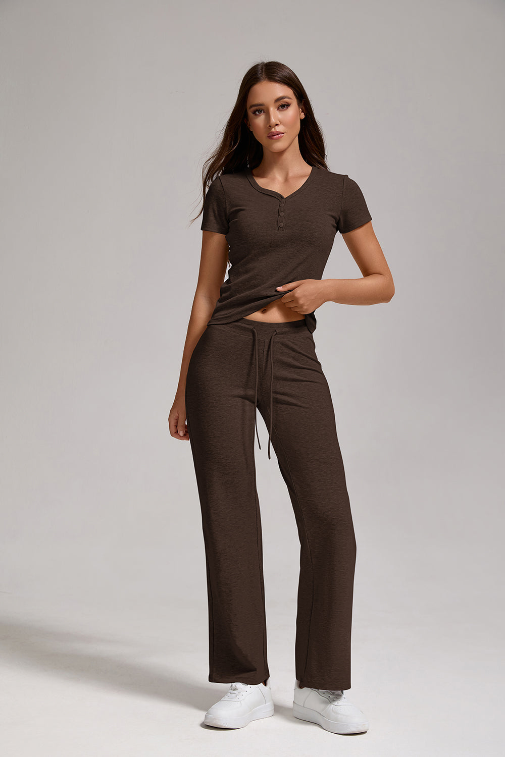Women's Casual Sports Two-piece Set With V-neck Button, Short Sleeved, Low Waisted Flared Pants, Sportswear