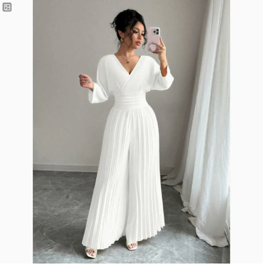 Stylish V-neck High-waist Solid-color Sexy Pleated Jumpsuit