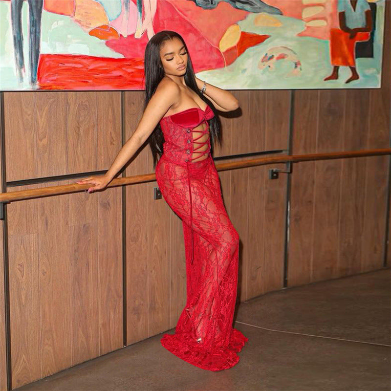 Strapless Lace-up Lace Sheer Paneled Sexy Bodycon Long Dress