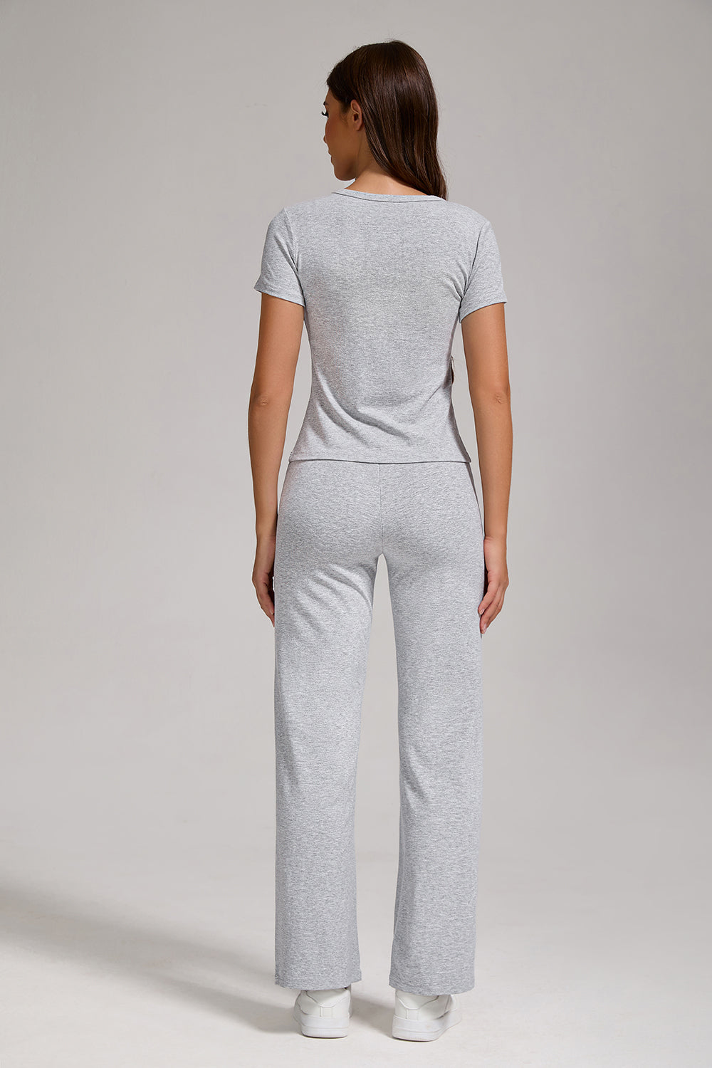 Women's Casual Sports Two-piece Set With V-neck Button, Short Sleeved, Low Waisted Flared Pants, Sportswear