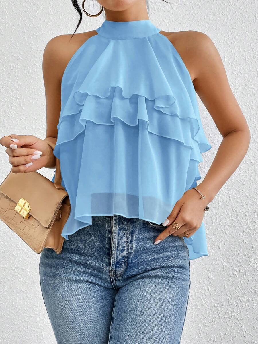 Women's Versatile Solid-color Halter-neck Sleeveless Top With An Irregular Ruffled Hem