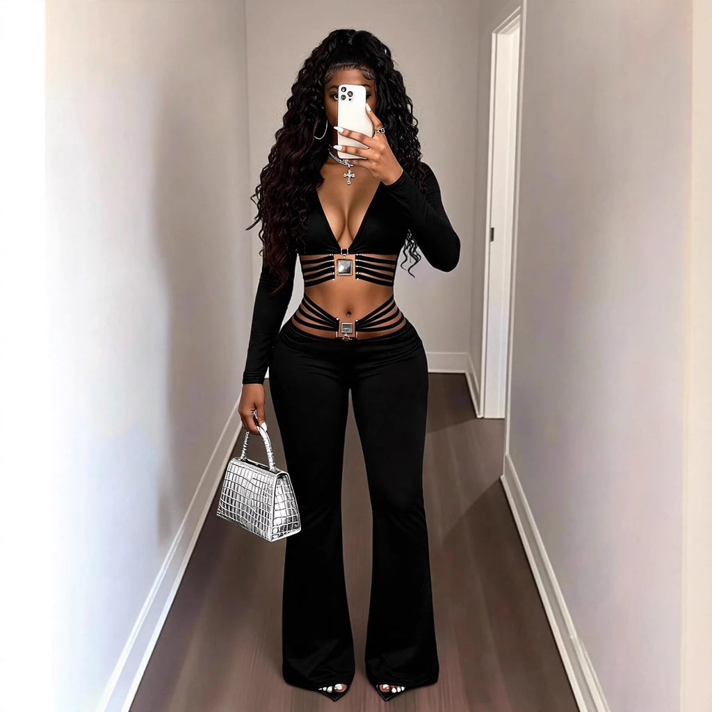 Black High-waist Flared Pants With Tummy-control And Butt-lifting Features