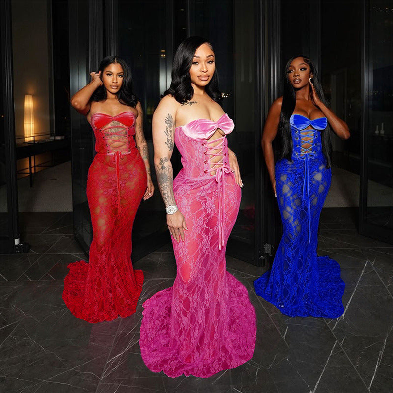 Strapless Lace-up Lace Sheer Paneled Sexy Bodycon Long Dress