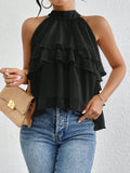 Women's Versatile Solid-color Halter-neck Sleeveless Top With An Irregular Ruffled Hem