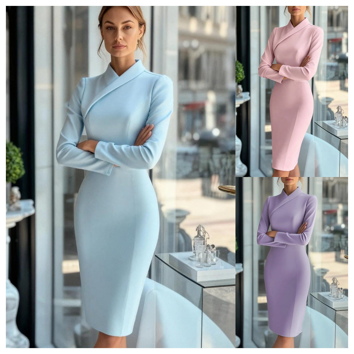 Solid Color Fashion Commuter Long-sleeve High-neck Slim-fit Long Pencil Skirt