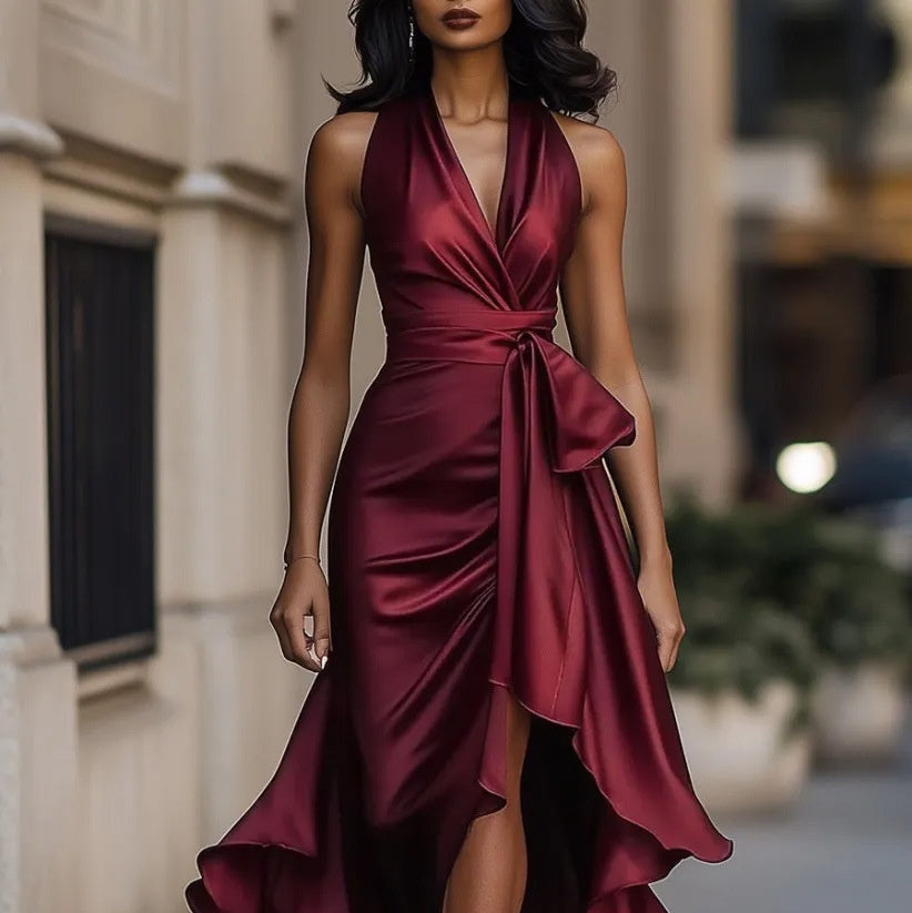 Elegant Deep V-neck Irregular Women's Ruffled Ruffled Evening Dress Gowns Solid Color Lace-up High Waist Satin Party Dresses Wedding Guests Dress