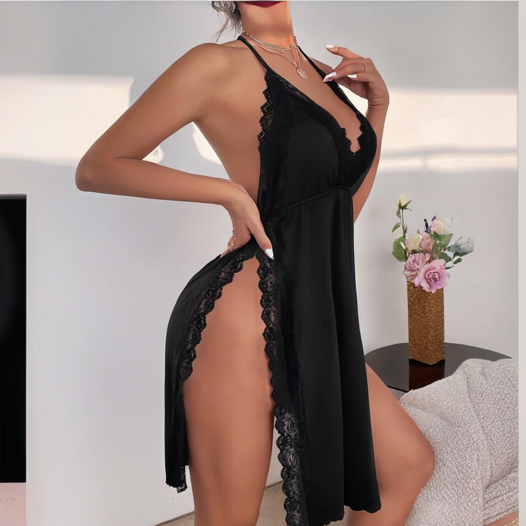 Elegant Women's Black Lace Slit Dress - Deep V-neck Lace Hem, Halter Thigh High Strap Pajamas, Soft Polyester And Spandex Blend, Perfect For Pajamas Or Evening Wear, Lace Dress