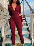 Casual Ribbed Zip-up Jumpsuit Long Sleeves