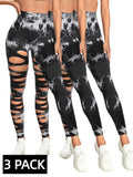 3 PACK Butt Lifting Yoga Gym Athletic Pants, Hollow Out Tummy Control Sports Leggings Tie Dye Running Pants