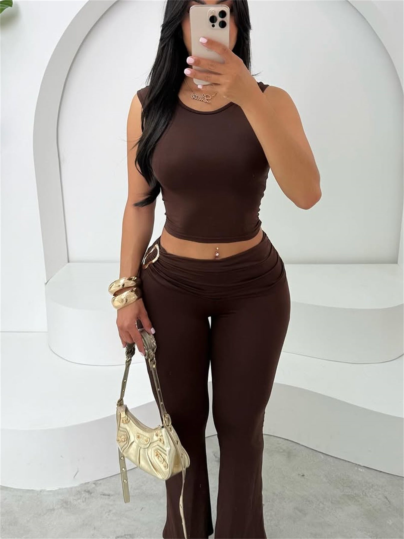 Women's Crop Top Sleeveless Shirt With Tight High-waist Pants Set