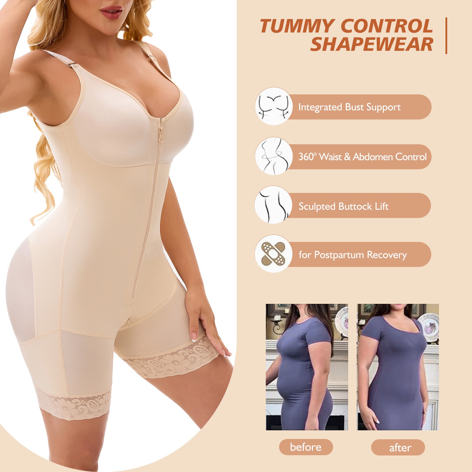Fajas Colombianas Postpartum Full Shapewear For Women Tummy Control Body Shaper Butt Lifter With Zipper Crotch