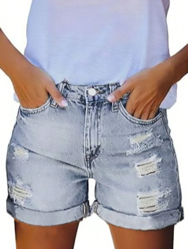 Womens Mid-High Rise Ripped Jean Shorts Distressed Stretchy Denim Shorts