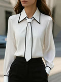 Autumn Fashion Solid Color Commute Tie Design Long Sleeve Shirt Women's Clothing