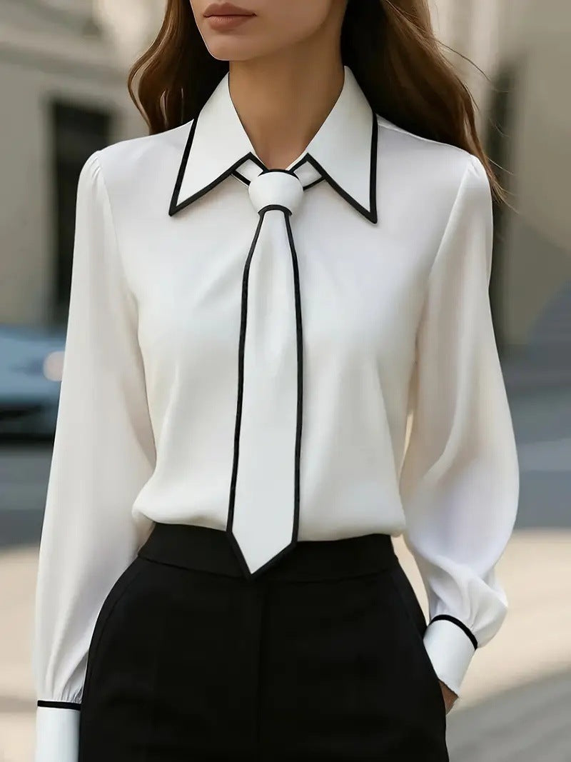 Autumn Fashion Solid Color Commute Tie Design Long Sleeve Shirt Women's Clothing