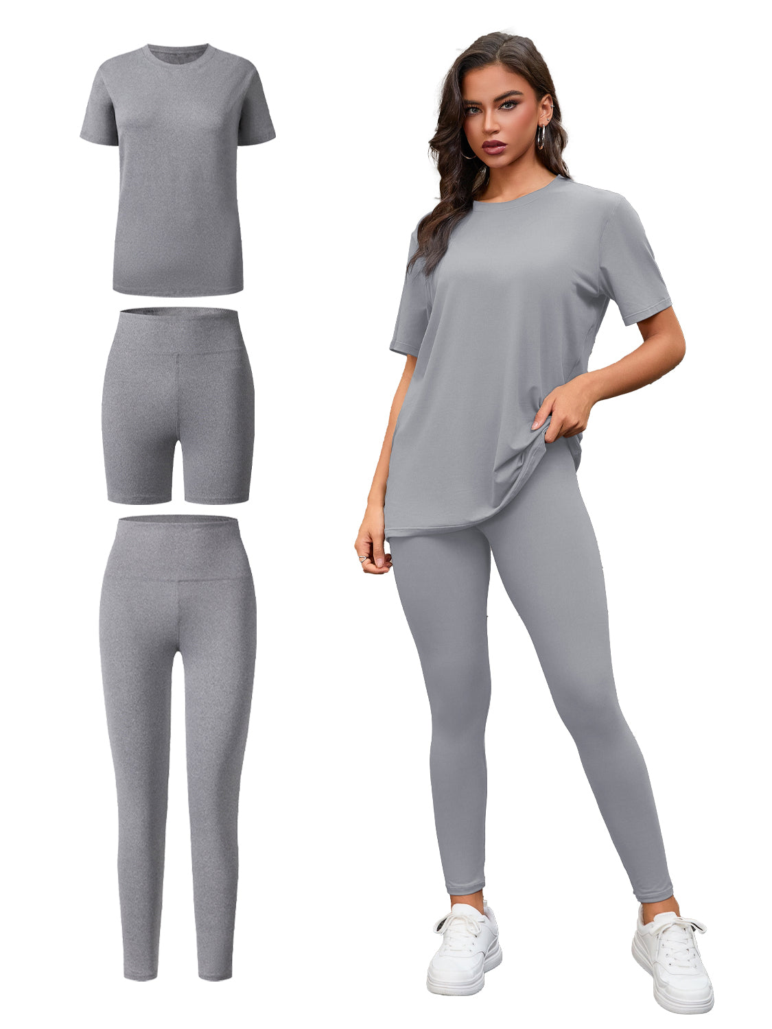 Three Piece Set, Round Neck Short Sleeved Top And Shorts And Pants Set, Sports And Casual Clothing
