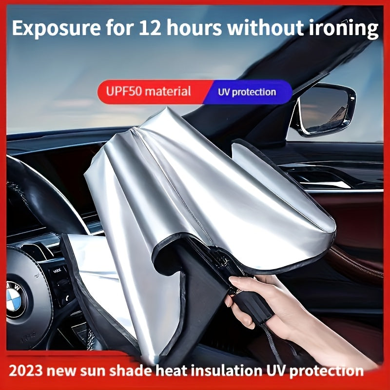 UPF50-Sunshade-UPF50- Compact Roll-Up Sunshade For Front Window - Heat Insulation And UV Protection, Easy-to-Use Auto Interior Accessory, Fits Most Vehicles, Sun Protection Curtain, Sleek Black Umb
